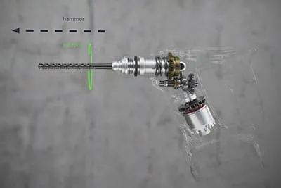 W przypadku młotowiertarki BHC 18 pneumatyczny mechanizm udarowy wytwarza potężną energię udaru, która działa w kierunku osiowym. 
